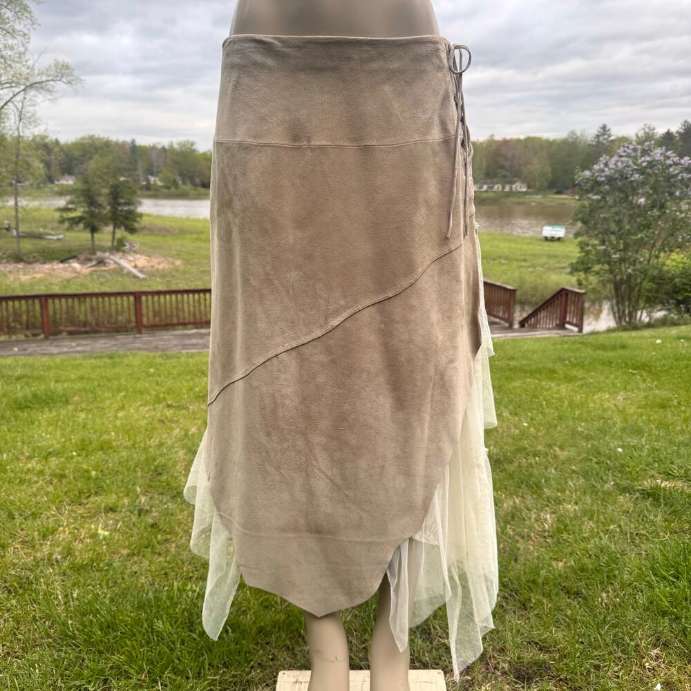 Vtg Suede Leather Lace Asymmetrical Wrap Skirt Maxi Bohemian Gypsy Festival 12